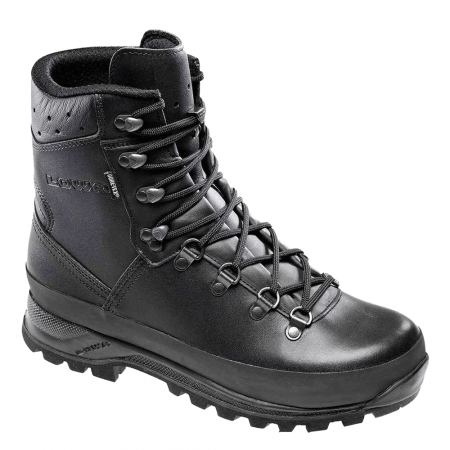lowa mountain boot in black on a white background